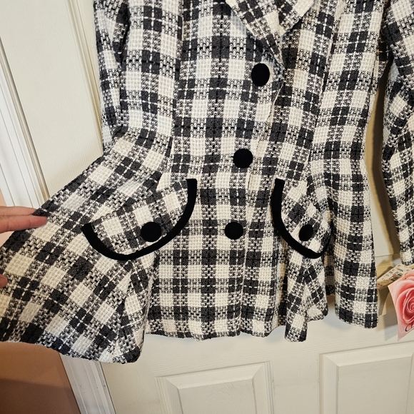 Vintage Tweed Knit Plaid Velvet Checkered Button Down Peplum Blazor Skirt Set - Picture 10 of 16